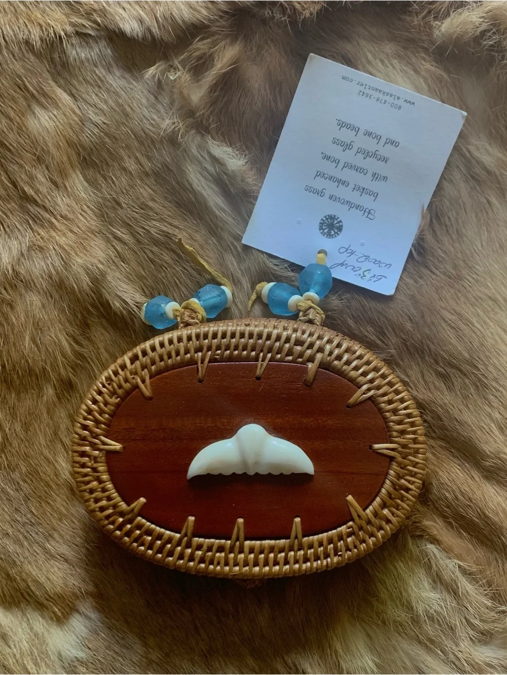 Brand new handmade Alaska woven basket with whale bone